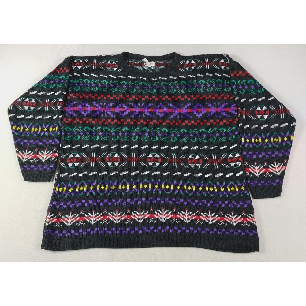 Vintage YarnWorks Sweater Womens Large Black Multicolor Fair Isle Knit Cabincore